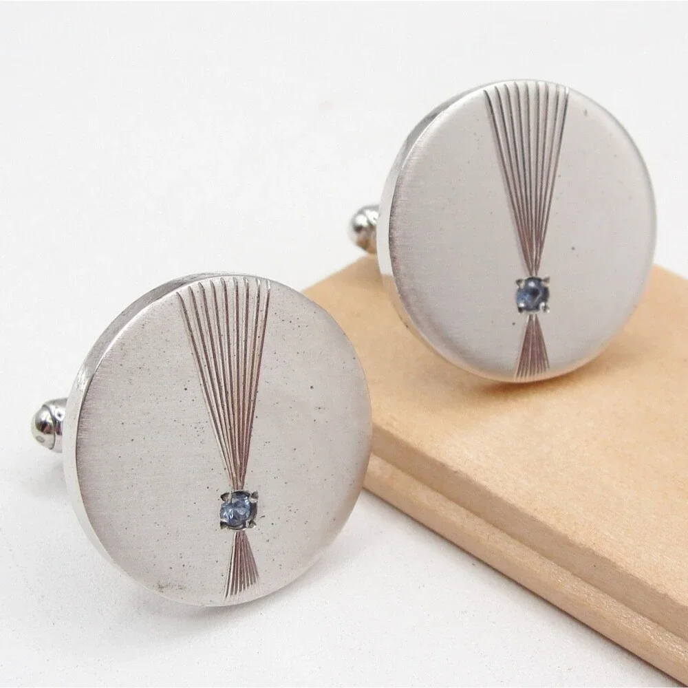 Vintage PRK Sterling Silver Round Blue Topaz Starburst Cufflinks MCM Atomic